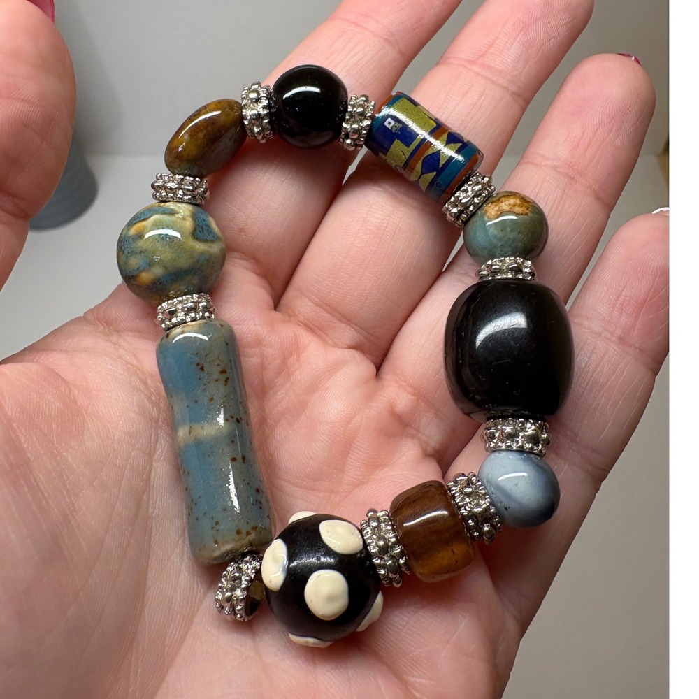 Bohemian Mixed Glass Ceramic Bead Stretch Bracelet Blue Black Brown